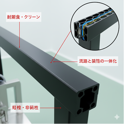 食品加工ライン用CFRP構造材（流路一体化・耐腐食・軽量）