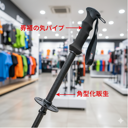 トレッキングポール 異形断面（丸→角型）