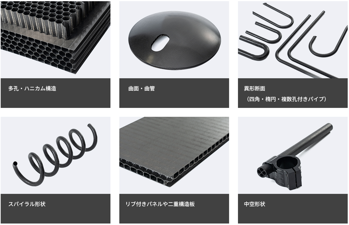 FWP成形技術で実現する6パターンの形状サンプル（多孔・曲面・異形断面・スパイラル・リブ・中空）